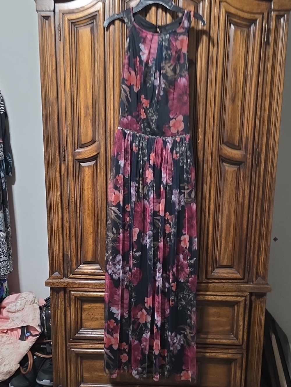 Black Maxi Dress with Pink Floral Print
